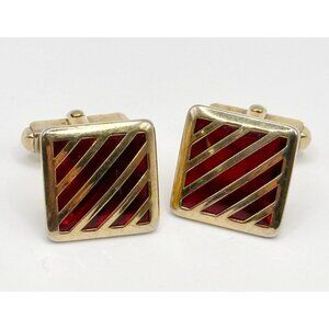 Anson Red And gold Cufflinks Open Gold Diagonal‎ Striped Over Red Glass